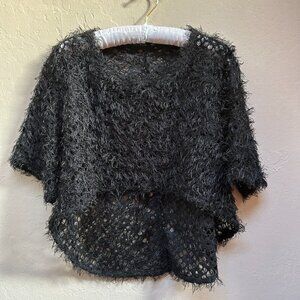 Tara Vao Women's Fuzzy Sweater Medium Open Knit Sheer Faux Fur Black Cozy